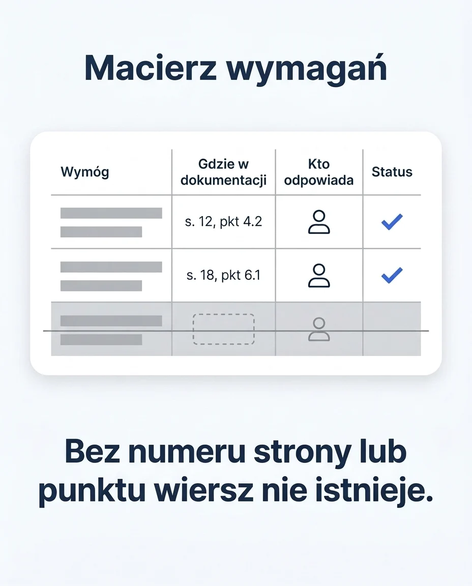 Fragment macierzy wymagań z kolumnami wymóg, gdzie w dokumentacji, kto odpowiada i status; dwa wiersze mają numer strony i punktu, trzeci bez lokalizacji jest przekreślony, bo bez numeru strony lub punktu wiersz nie istnieje.