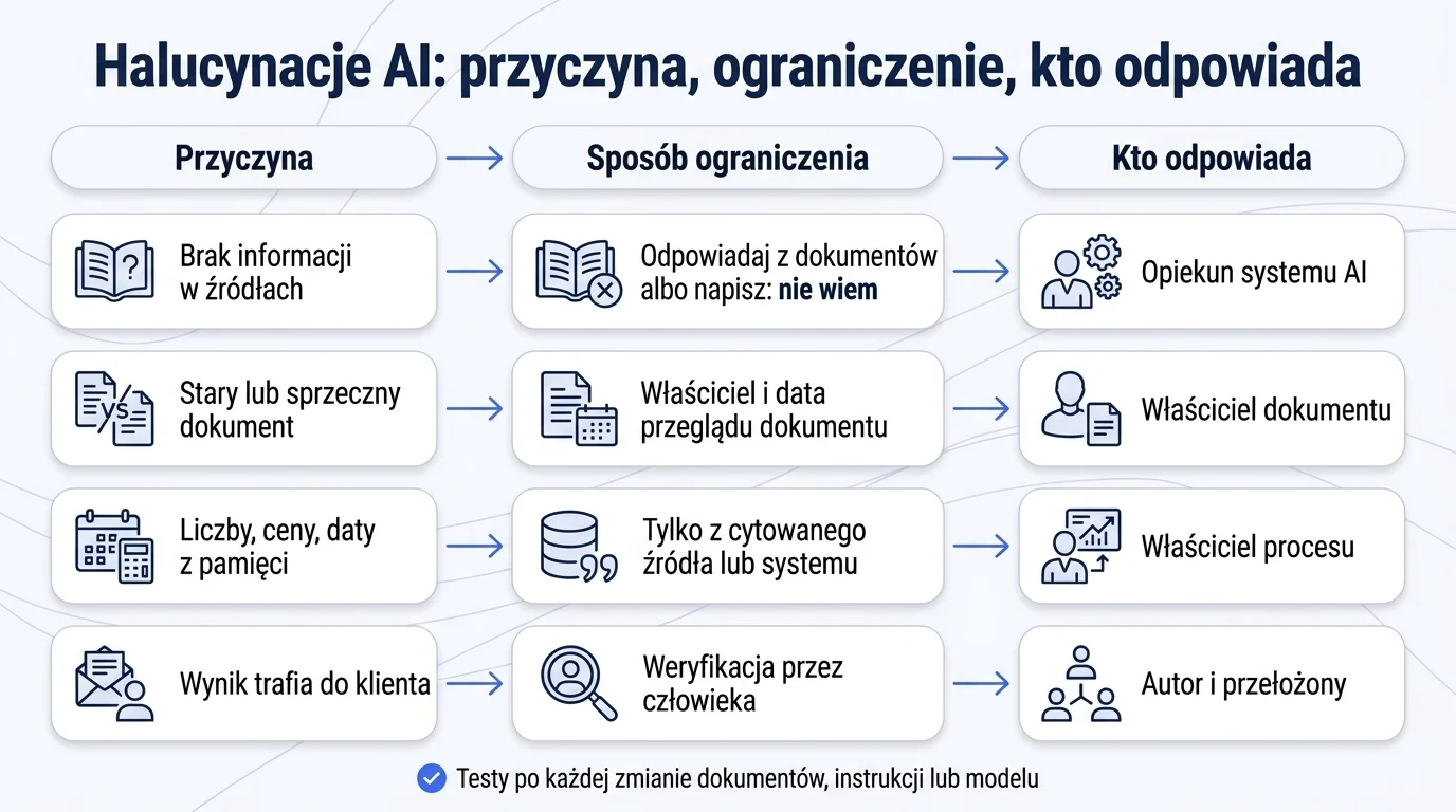 Schemat łączący przyczyny halucynacji AI z metodami ograniczania i rolami w firmie: opiekunem systemu AI, właścicielem dokumentu, właścicielem procesu i autorem odpowiedzi i jego przełożonym.