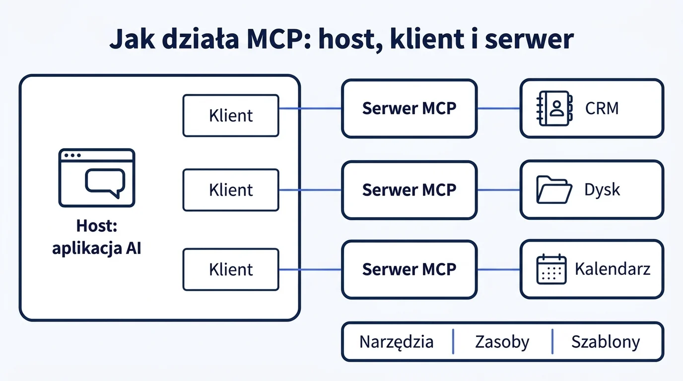 Schemat MCP: aplikacja AI jako host z trzema klientami, każdy połączony z jednym serwerem MCP, który daje dostęp do CRM, dysku lub kalendarza.