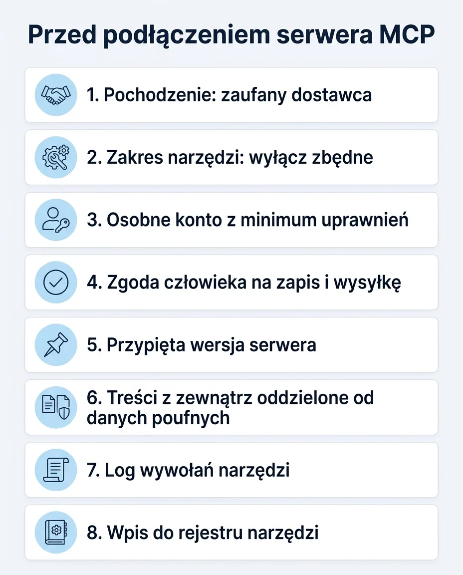 Osiem kroków sprawdzenia serwera MCP przed podłączeniem: pochodzenie, zakres narzędzi, osobna tożsamość, zatwierdzanie działań, przypięta wersja, rozdzielenie źródeł, log i wpis do rejestru.