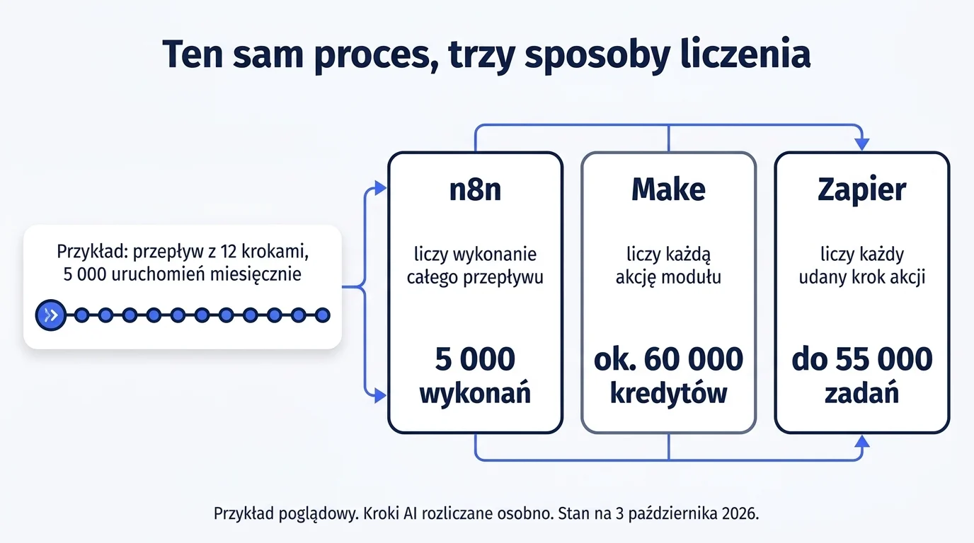 Porównanie zużycia dla jednego przykładowego procesu: n8n liczy 5 000 wykonań, Make około 60 000 kredytów, a Zapier do 55 000 zadań, bo każde narzędzie rozlicza inną jednostkę.