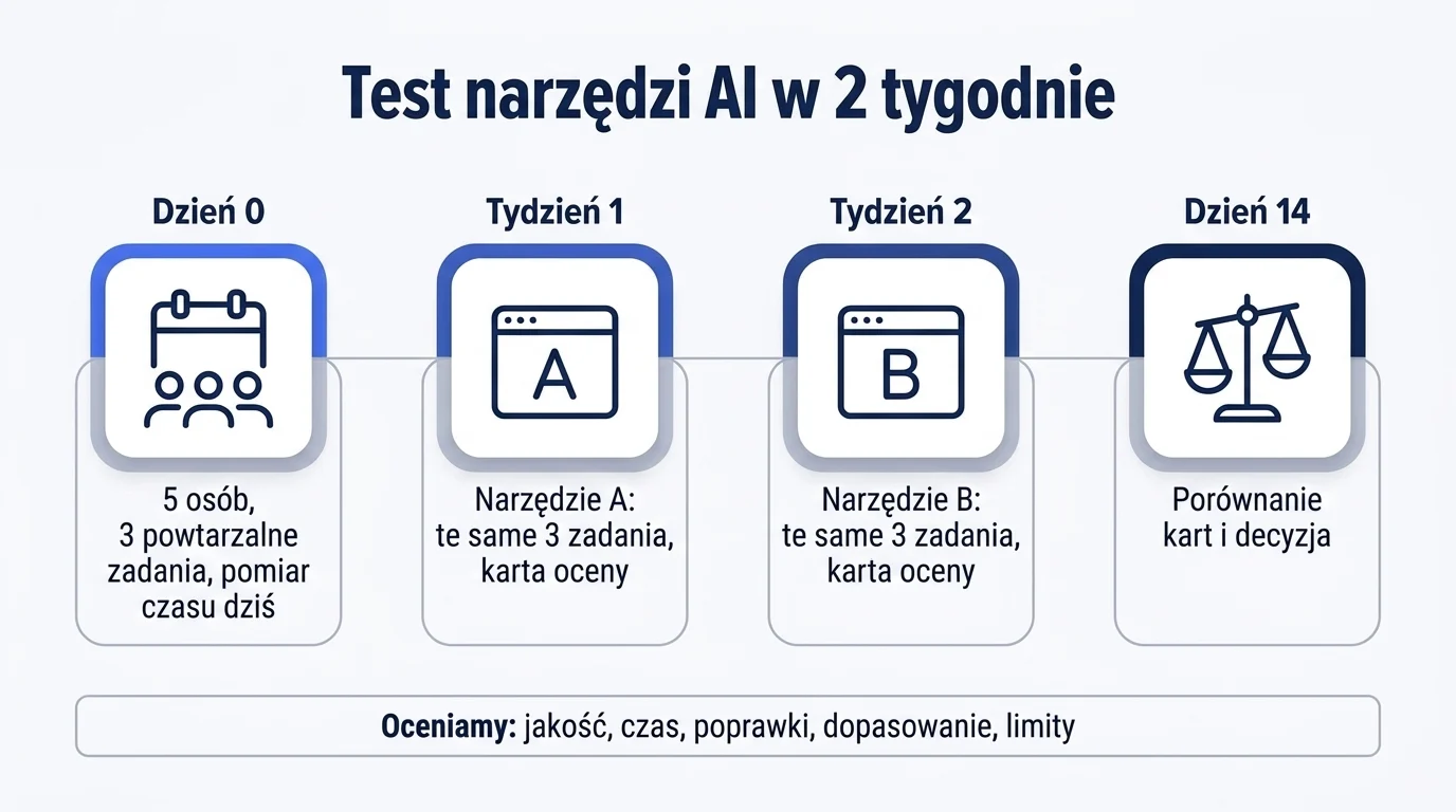 Oś czasu testu: dzień 0 przygotowanie z pięcioma osobami i trzema zadaniami, tydzień pierwszy narzędzie A, tydzień drugi narzędzie B, dzień 14 porównanie kart oceny i decyzja.