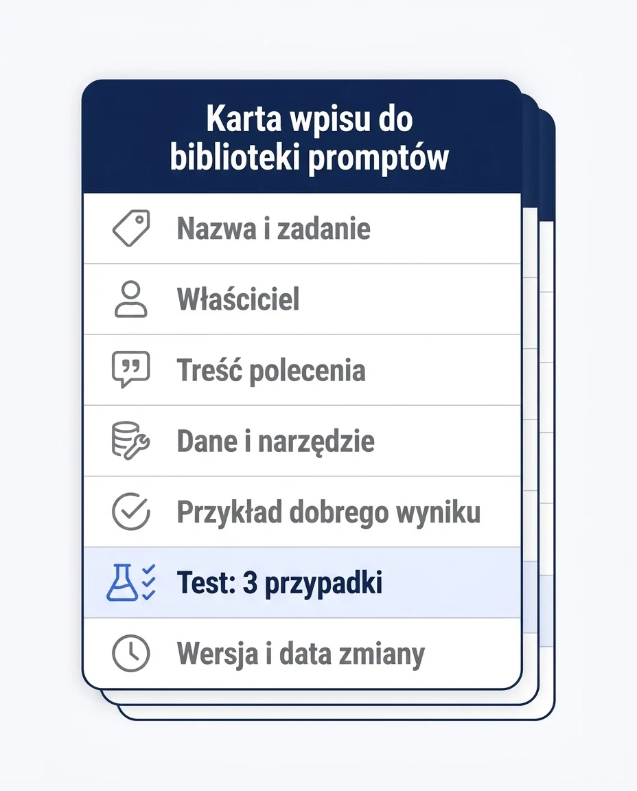 Karta wpisu do biblioteki promptów z siedmioma polami: nazwa, właściciel, treść, dane i narzędzie, przykład wyniku, test na trzech przypadkach oraz wersja.